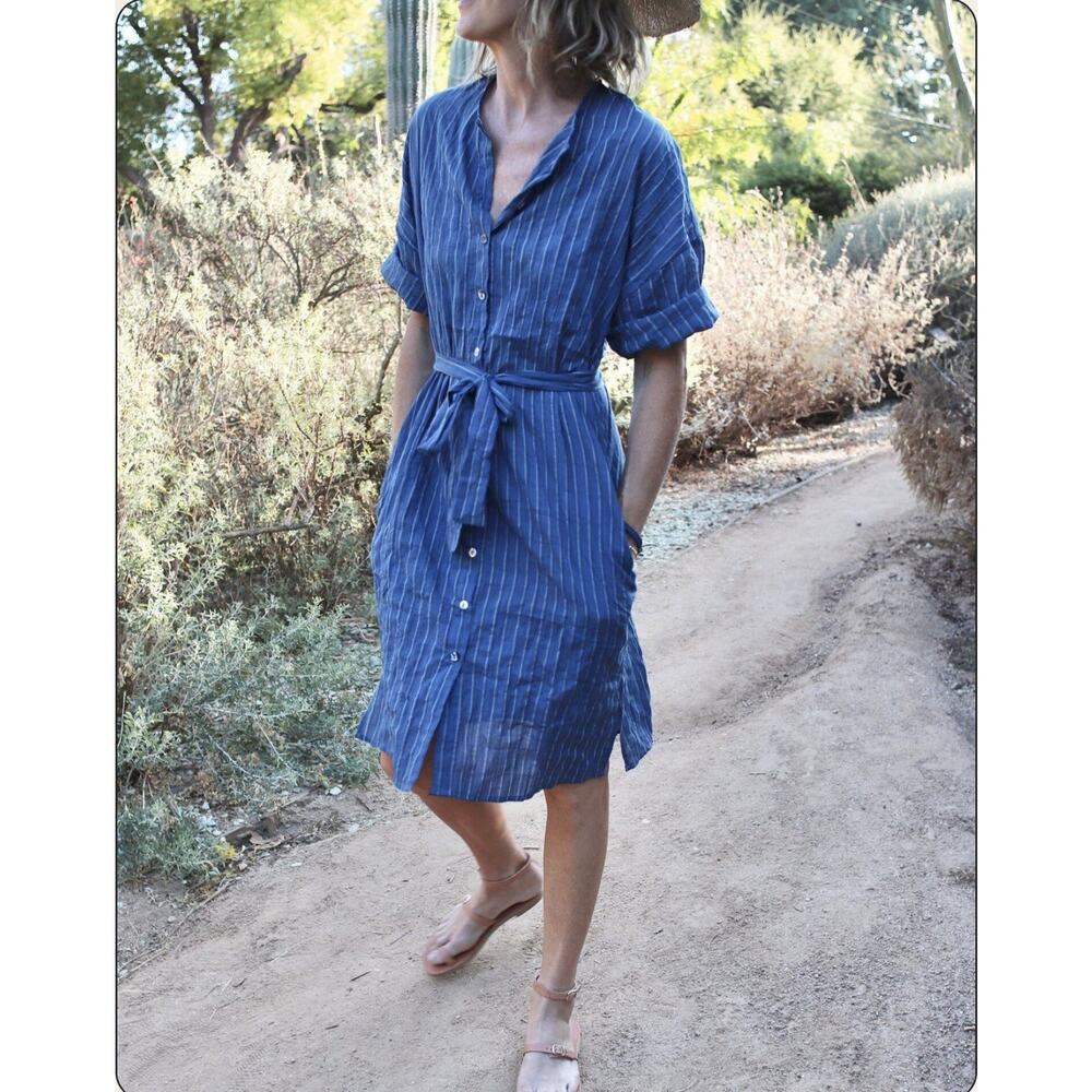 Pietsie Yucca Shirt Dress Indigo Stripe Tie Belt Pockets Women's Size Large